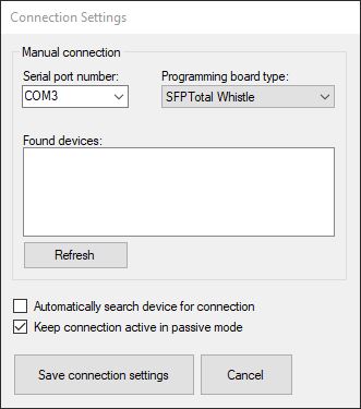 SFPTotal Whistle connection settings: COM port and board type in the Connection Settings window