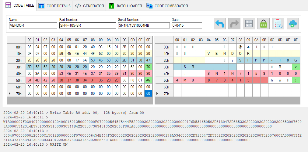 Writing SFP module firmware in SFPTotal Wizard: the memory table and operation log