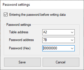 Transceiver memory write password settings: table address, offset and Password (Hex) in SFPTotal Wizard