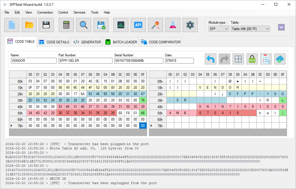 Automatic SFP firmware writing in SFPTotal Wizard: the code table and operation log