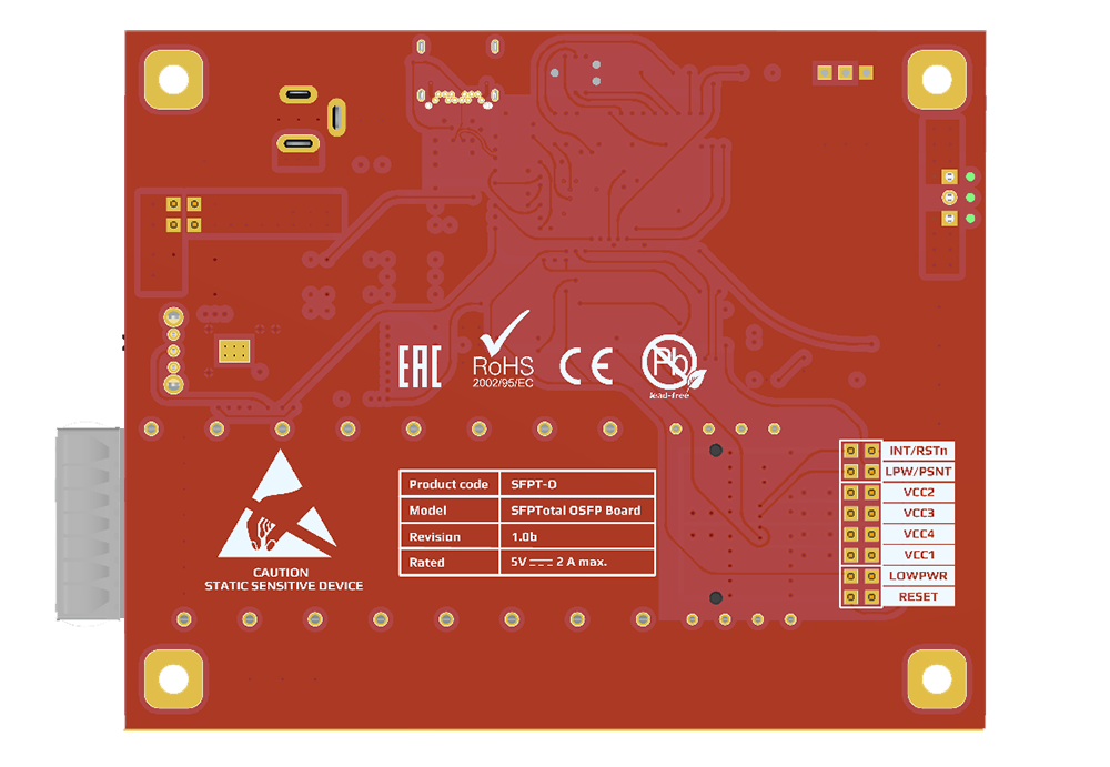 Underside of SFPTotal OSFP Board showing labels and pin functions