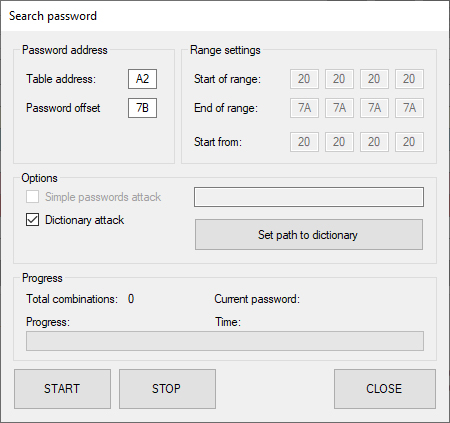 Dictionary based transceiver password search in the SFPTotal Wizard Search password window