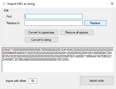 Importing transceiver firmware code in hexadecimal format: the Import HEX as string window