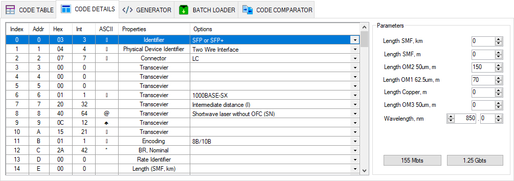 SFP transceiver parameters in the CODE DETAILS tab: decoding memory data in SFPTotal Wizard