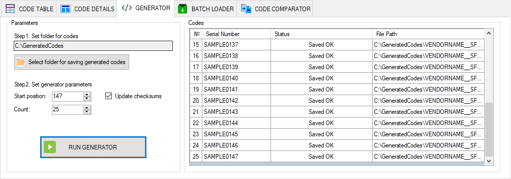 SFP firmware generation results: serial numbers and saved files in SFPTotal Wizard