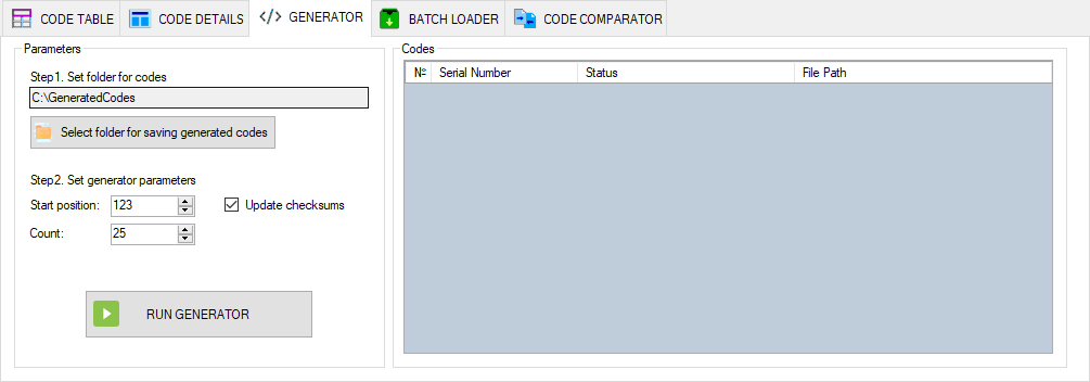 SFP firmware generation in SFPTotal Wizard: output directory, serial numbers and the Run generator button
